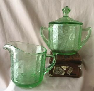 Vtg Jeannette Usa Floral Poinsettia Sugar Bowl & Creamer Green Depression Glass