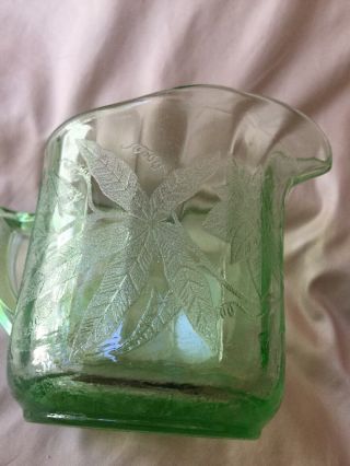 VTG Jeannette USA Floral Poinsettia Sugar Bowl & Creamer Green Depression Glass 3