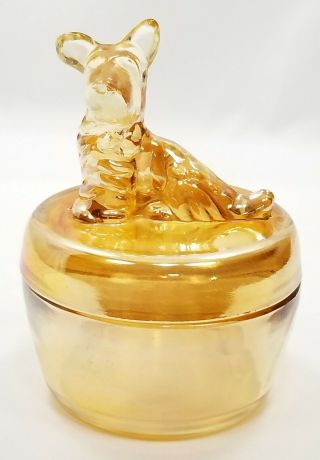 Vintage Scotty Dog Powder Box Jeannette Glass Marigold Carnival Glass Trinket 70
