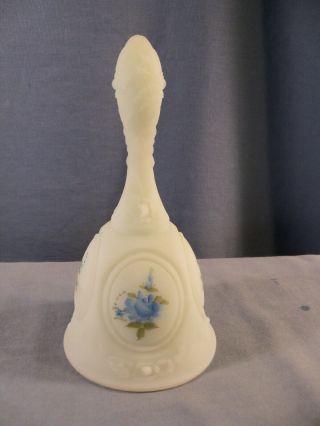Fenton Hand Painted Blue Satin Glass Bell - Blue Roses 6 3/4 " Tall