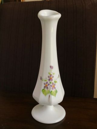 Vintage Fenton Hand Painted Bud Vase Violets Sticker Artist Signed Milk Glass