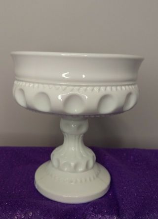 Vintage Pressed White Milk Glass Footed Compote Scroll Fruit Bowl Candy Dish