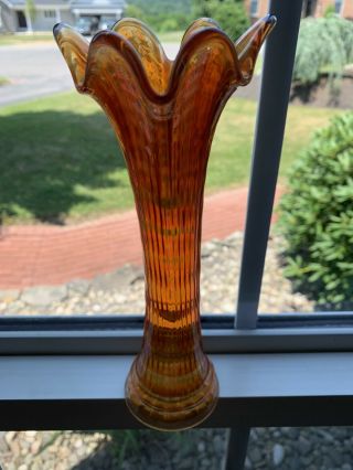 Vintage Rib Collectible Carnival Glass Vase Fabulous Colors Orange 8 1/2 " H