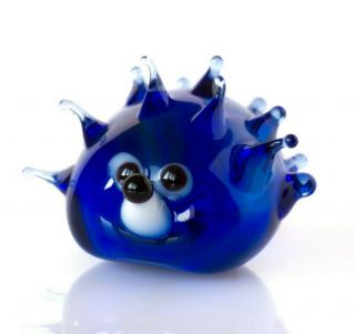 Tiny Blue Hedgehog Figurine Blown Glass " Murano " Art Animal Farm Miniature