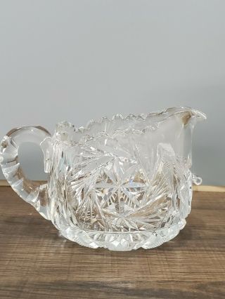 Old Crystal Cut Glass Cream Pitcher 3.  25  T 5.  25  W