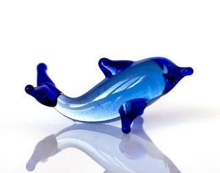 Tiny Blue Dolphin Figurine Blown Glass " Murano " Art Animal Fish Sculpture