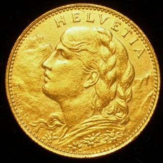 1922 B 10 Francs Switzerland Swiss Helvetia Vreneli Gold Coin Agw 0.  933ozt B4592