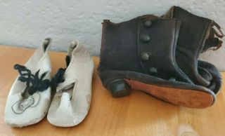 2 Pair Antique Leather Doll Shoes W/ Heels For German/french Bisque Dolls