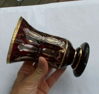 Rare Vintage Czech Moser Bohemian Art Glass Goblet 5.  5 " Ruby Red Chalice Vase Nr