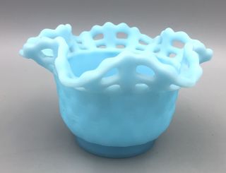Fenton Blue Satin Art Glass Basket Weave Ruffled Open Edge Bowl