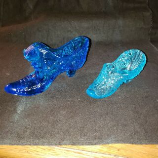 Vintage Fenton Iridescent Blue 2 Carnival Glass Cat Boot Shoe Slipper