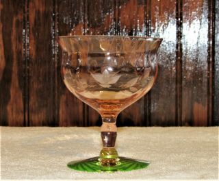 Vintage Tiffin Watermelon Pink And Green Uranium Etched Champagne Glass