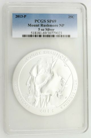 2013 - P Mount Rushmore Np Pcgs Sp69 5 - Oz Silver Coin 25c