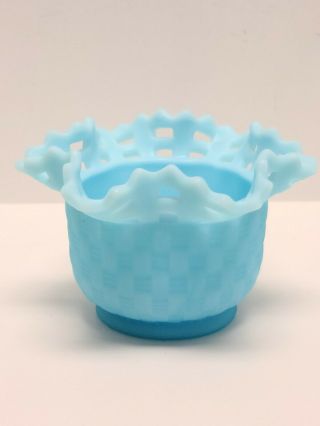 Fenton Blue Satin Art Glass Basket Weave Ruffled Open Edge Bowl
