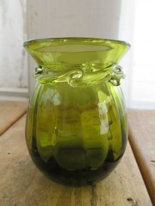 Hand Blown Glass Green Mini Vase With Applied Rigaree