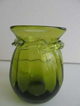Hand Blown Glass Green Mini Vase with Applied Rigaree 2