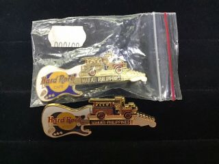 TWO Hard Rock Cafe Pins Makati Philippines White/Blue Fender Guitar with Jeepney 2