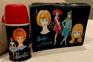 1965 Barbie And Francie Vinyl Lunch Box With Barbie Midge Skipper Thermos