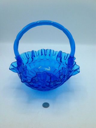 Vintage Fenton Blue Glass Bowl With Handle,  Ruffled Edge