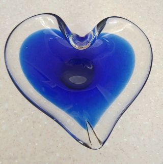 Vintage Blown Art Glass Cobalt Blue Heart - Shape Ashtray For Valentine 