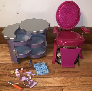 American Girl Doll Pink Glitter Salon Chair,  Purple Caddy,  Hair Accessories,  Euc