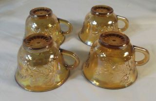 Vintage Set Of 4 Iridescent Marigold Carnival Glass Grape & Leaf Tea Cups