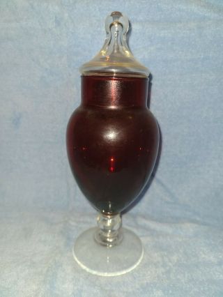 Vintage 6 " Rich Ruby Red Glass W/ Clear Footed Stem And Lid