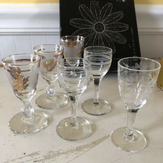 Vintage Cordial Glasses Gold & Etched Including Libbey Set Of 6 Mixed Styles