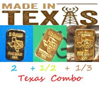 Tgr Texas Combo Special 2 - 1/2 - 1/3 Gram Gold Trio Bars 24k Bullion 999 Premium