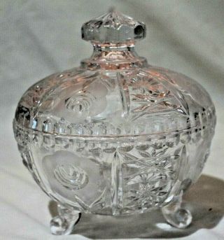 Lead Crystal Clear Etched Glass Covered Footed Candy Dish