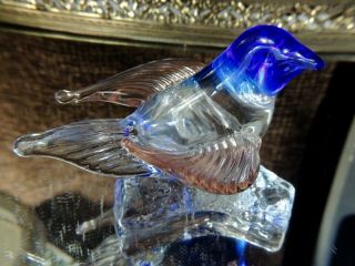 Vintage Murano Glass Bird Figurine/paperweight Cobalt To Clear W/pink Wings