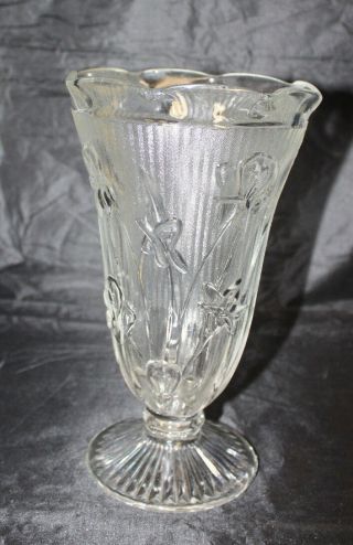 Vintage Jeannette Clear Crystal Depression Glass Iris Herringbone Vase 9 " Tall