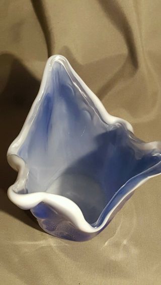 Cobalt Blue,  White Swirl Art Glass Vase 4.  5 " - 5 " High Hand Blown