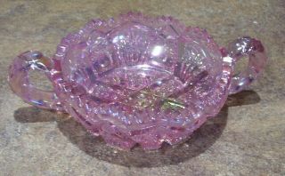 Pink Carnival Cut Glass Candydish W / Double Handles And Sawtooth Rim