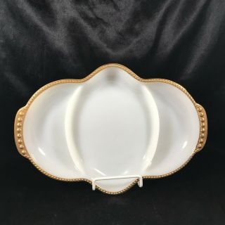 Vintage Fire King Milk Glass Divided Relish Dish Tray Beaded Gold Trim