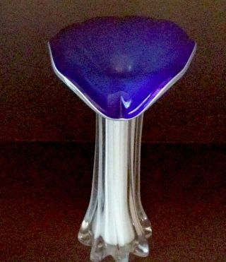 Vtg Jack In The Pulpit Vase Blown Art Glass 8” Blue And White Art Glass