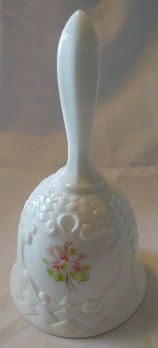 Lovely Hand Painted Signed Fenton Milk Glass Bell Basketweave Pattern