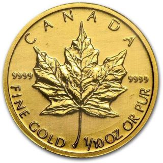 1/10 Oz Canadian Gold Maple Leaf $5 Coin.  9999 Fine Bu  Random Year