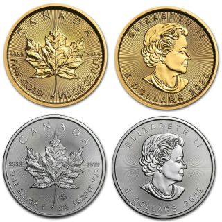 2020 Canada Gold Maple Leaf 1/10 Oz & 1 Oz Silver Maple Leaf Bu Coins