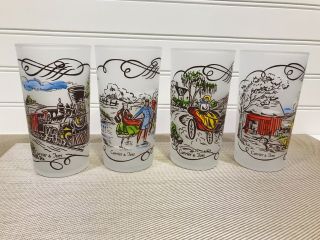 Set (4) Vintage Federal Glass Frosted Tumblers Currier And Ives Gay Fad
