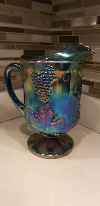 Indiana Carnival Glass Iridescent Blue Pitcher Harvest Grape Vintage Chipped
