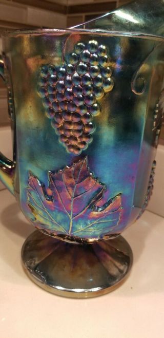 Indiana Carnival Glass Iridescent Blue Pitcher Harvest Grape Vintage Chipped 2