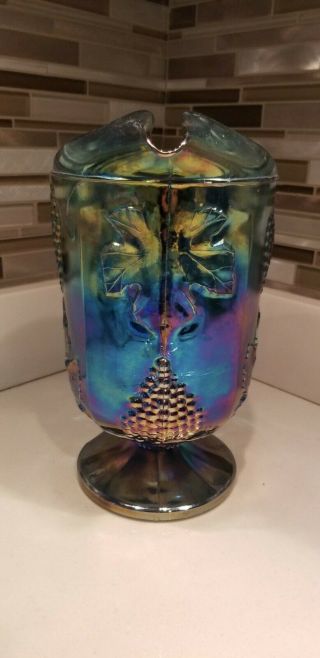 Indiana Carnival Glass Iridescent Blue Pitcher Harvest Grape Vintage Chipped 3
