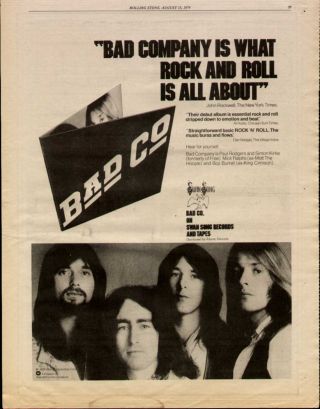 1974 Bad Company Debut Album Promo Ad