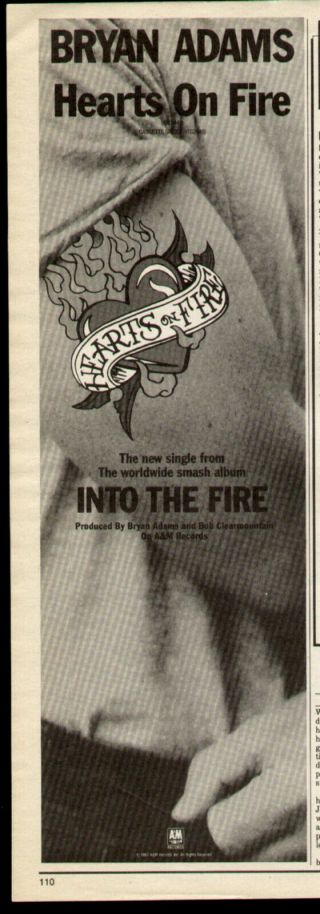 1987 Bryan Adams " Hearts On Fire " Album Ad