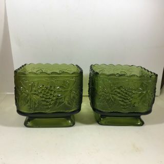 Vintage Green Glass 4 - 1/2” X 3 - 3/4” Grape Pattern Square Bowls