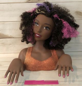 Barbie Deluxe Styling Head With Poseable Hands 15 " Black Curly Hair Mattel