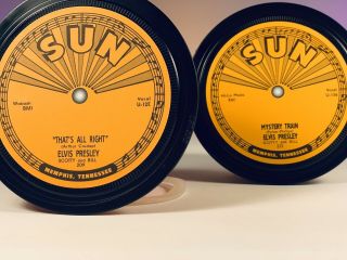 Elvis Presley - 2 Vinyl Record Label Coasters.  That’s Alright.  Mystery Train.  Sun