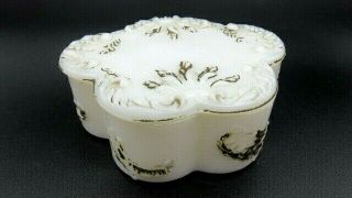 Antique Victorian Milk Glass Covered Trinket Box Vanity Jewelry Dish With Lid