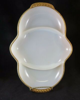 Vintage Fire King White Milk Glass W/ Gold Trim Divided Dish Relish Tray 11 " Usa